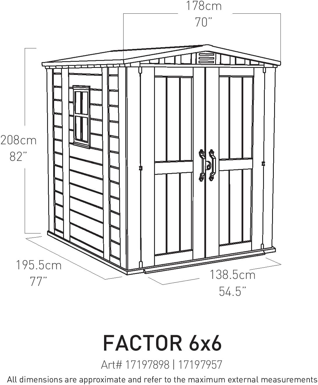 Keter Factor Outdoor Apex Double Door Garden Storage Shed 6 x 6ft Beige Brown Wood effect | Fade Free | All Weather Resistant | Safe and Secure | Zero Maintenance | 15 year Warranty