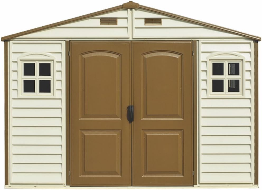 Duramax WoodSide 10 x 8 (8.02 m2) Plastic Garden Shed with 3 Fixed Windows & Metal Foundation Kit, Strong Metal Roof Structure Fire Retardant and Maintenance-Free Storage Shed - Ivory/Brown