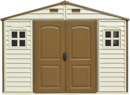 Duramax WoodSide 10 x 8 (8.02 m2) Plastic Garden Shed with 3 Fixed Windows & Metal Foundation Kit, Strong Metal Roof Structure Fire Retardant and Maintenance-Free Storage Shed - Ivory/Brown