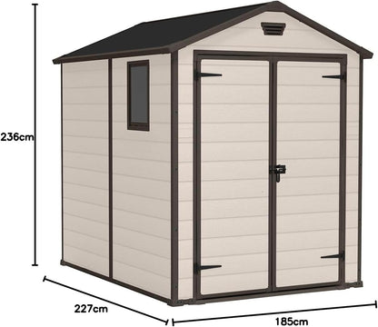 Keter Manor 6x8DD Garden Shed Weatherproof 7.6 m³, Plastic, Outdoor, External Dimensions: W x D x H: 185 x 236 x 227 cm, Inner Dimensions: 169 x 222 x 219 cm, Beige