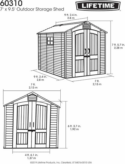 Lifetime 60310 Garden Storage Shed, 7 x 9.5 ft (213 x 289 cm), High-Density Polyethylene (HDPE), Steel-Reinforced Apex Roof, Tan