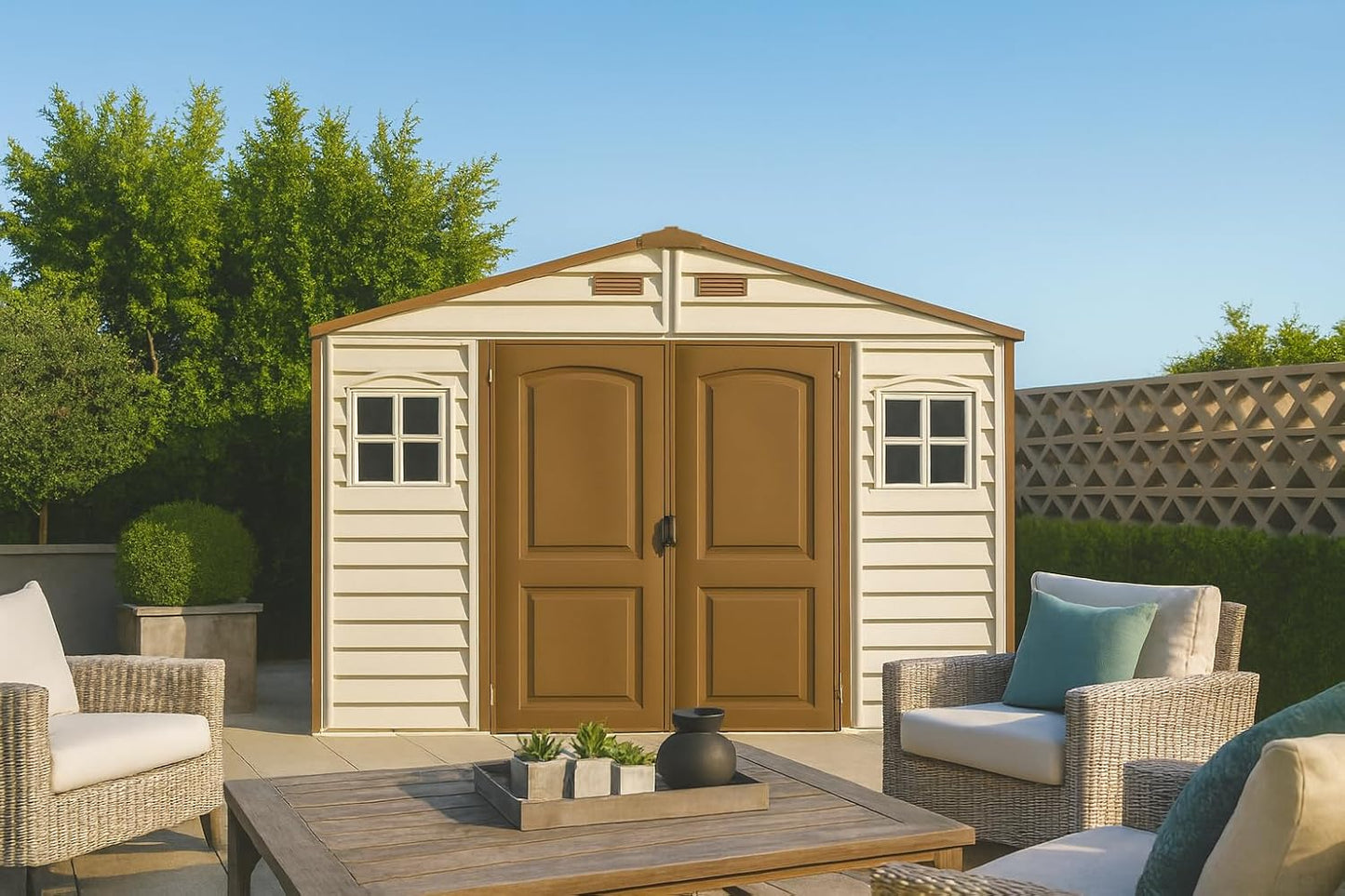 Duramax WoodSide 10 x 8 (8.02 m2) Plastic Garden Shed with 3 Fixed Windows & Metal Foundation Kit, Strong Metal Roof Structure Fire Retardant and Maintenance-Free Storage Shed - Ivory/Brown