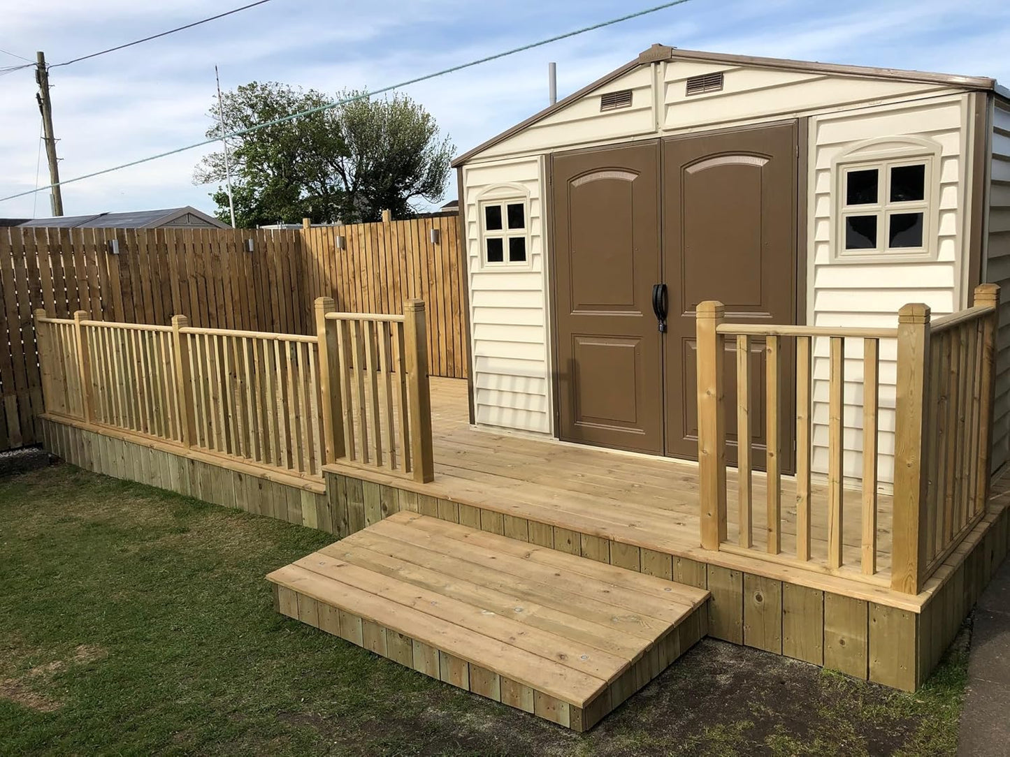 Duramax WoodSide 10 x 8 (8.02 m2) Plastic Garden Shed with 3 Fixed Windows & Metal Foundation Kit, Strong Metal Roof Structure Fire Retardant and Maintenance-Free Storage Shed - Ivory/Brown